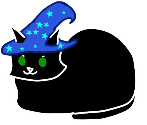 Black cat with a witch hat and green eyes loafing